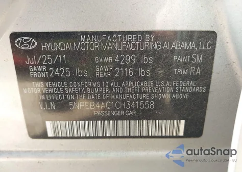 2012 Hyundai Sonata Gls z USA, uszkodzony, nr VIN 5NPEB4AC1CH341558